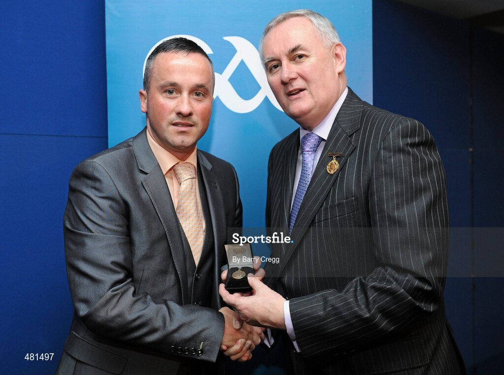 15 January 2011; Referee James McGrath, from Co. Westmeath, who refereed the Bord Gais Energy GAA Hurling All-Ireland U21 Championship, is presented with his  referee's award by Uachtarán CLG Criostóir Ó Cuana. 2010 National Referees' Awards Banquet, Croke Park, Dublin. Picture credit: Barry Cregg / SPORTSFILE