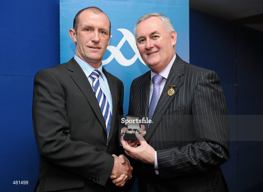 15 January 2011; Referee Anthony Stapleton, from Co. Laois, who refereed the ESB GAA Hurling All-Ireland Minor Championship, is presented with his  referee's award by Uachtarán CLG Criostóir Ó Cuana. 2010 National Referees' Awards Banquet, Croke Park, Dublin. Picture credit: Barry Cregg / SPORTSFILE