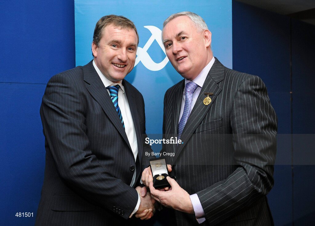 15 January 2011; Referee Michael Wadding, from Co. Waterford, who refereed the GAA Hurling All-Ireland Senior Championship, is presented with his  referee's award by Uachtarán CLG Criostóir Ó Cuana. 2010 National Referees' Awards Banquet, Croke Park, Dublin. Picture credit: Barry Cregg / SPORTSFILE