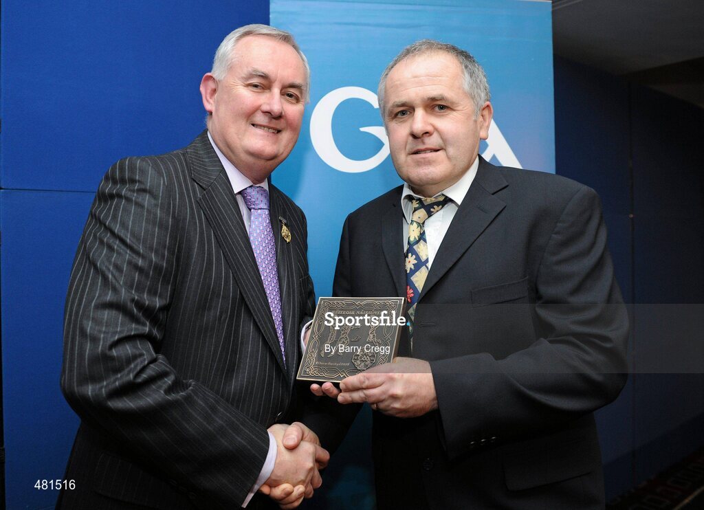 15 January 2011; Retiring referee Martin Bartley, from Co. Meath, is presented with his  referee's award by Uachtarán CLG Criostóir Ó Cuana. 2010 National Referees' Awards Banquet, Croke Park, Dublin. Picture credit: Barry Cregg / SPORTSFILE