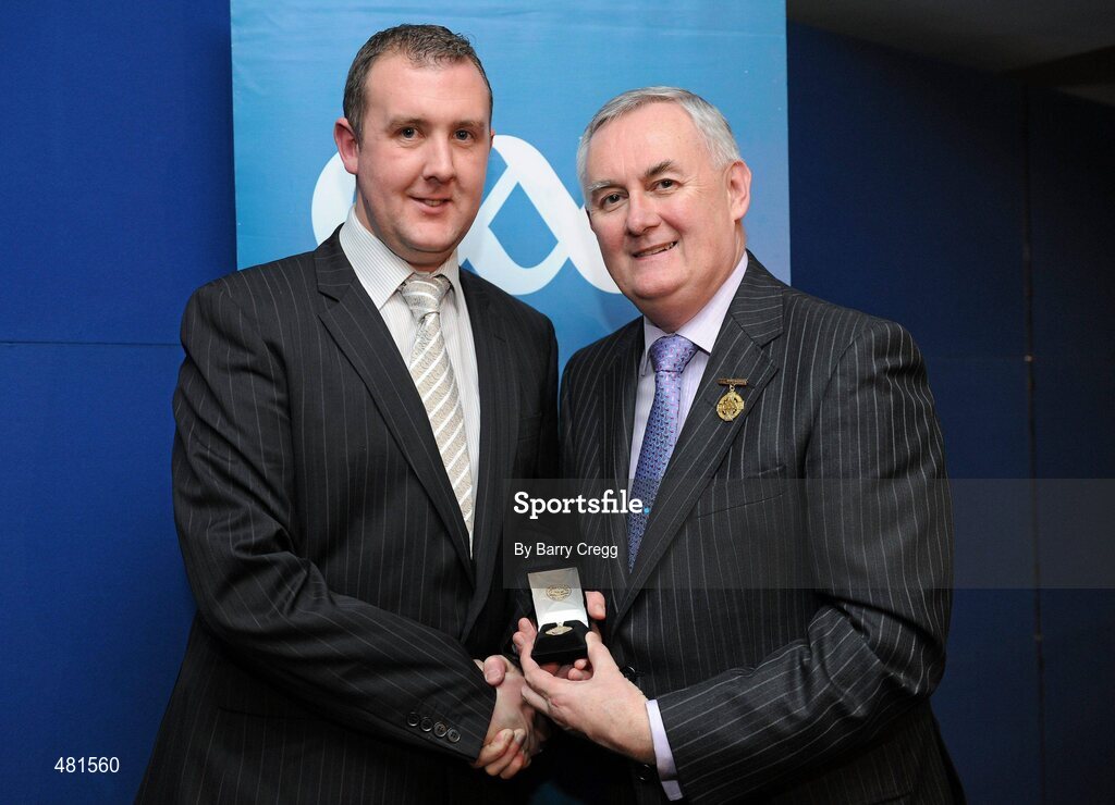 15 January 2011; Referee Alan Kelly, from Co. Galway, who refereed the GAA Hurling All-Ireland Intermediate Championship, is presented with his  referee's award by Uachtarán CLG Criostóir Ó Cuana. 2010 National Referees' Awards Banquet, Croke Park, Dublin. Picture credit: Barry Cregg / SPORTSFILE