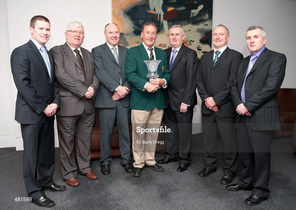 15 January 2011; Attending the 2010 National Referees' Awards Banquet are, from left, Padraig Hughes, Co. Armagh, Gene Duffy, Co. Armagh, Paul Duggan, Co. Armagh, Hugh Duggan, Co. Armagh, who was presented with a 'Hall of Fame' award, Uachtarán CLG Criostóir Ó Cuana, Ger Devlin, Co. Armagh, and Jimmy Mckee, Co. Armagh. 2010 National Referees' Awards Banquet, Croke Park, Dublin. Picture credit: Barry Cregg / SPORTSFILE