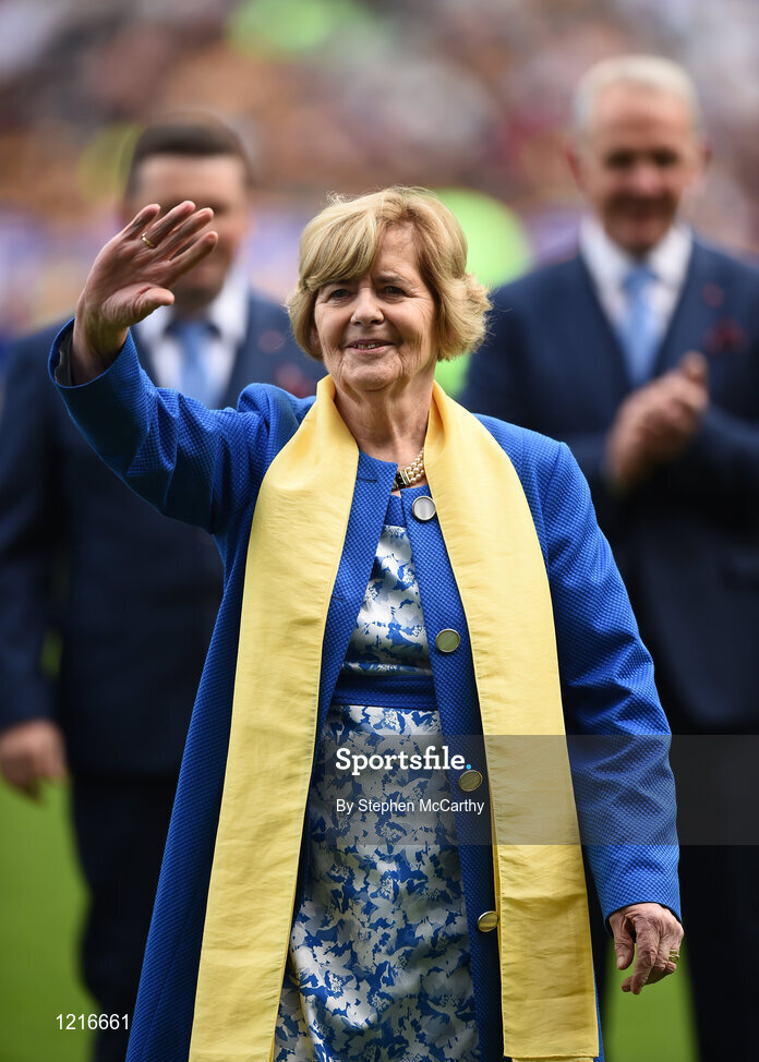 4 September 2016; Member of the Tipperary 1991 Jubilee Hurling team, Bridget Madeen who represented her son John Madden, during their presentation to the crowd before the GAA Hurling All-Ireland Senior Championship Final match between Kilkenny and Tipperary at Croke Park in Dublin. Photo by Stephen McCarthy/Sportsfile