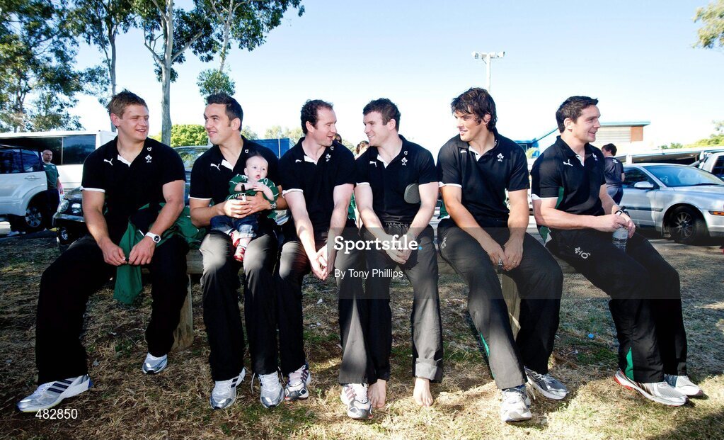 20 June 2010; Ireland's Chris Henry, Niall Ronan holding 3 month old Zane Vaizie, Geordan Murphy, Gordon D'Arcy, Donncha O'Callaghan and David Wallace during a fan session in Brisbane ahead of their game against Australia on Saturday week. Brothers RFC, Brisbane, Australia. Picture credit: Tony Phillips / SPORTSFILE