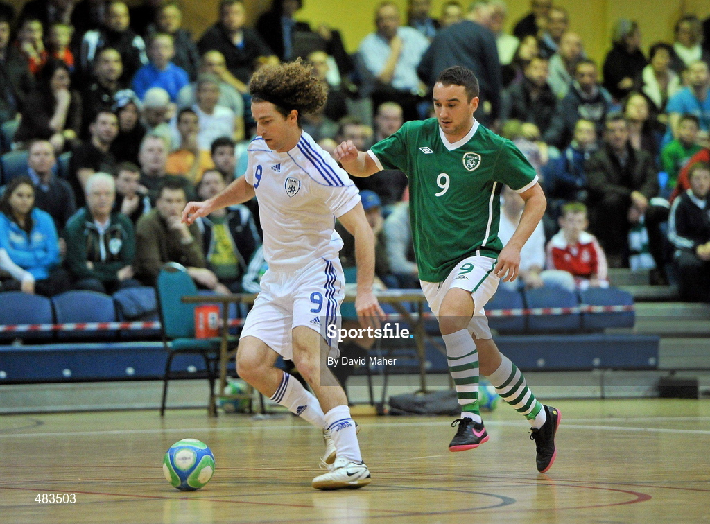 23 January 2011; Yehuda Zisman, Israel, in action against Philip McDonagh, Republic of Ireland. UEFA Futsal EURO 2011/12 Preliminary Round - Group F, Republic of Ireland v Israel, National Basketball Arena, Tallaght, Dublin. Picture credit: David Maher / SPORTSFILE