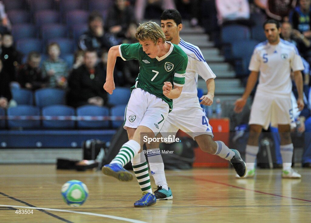 23 January 2011; Ian Byrne, Republic of Ireland, in action against Matan Shriki, Israel. UEFA Futsal EURO 2011/12 Preliminary Round - Group F, Republic of Ireland v Israel, National Basketball Arena, Tallaght, Dublin. Picture credit: David Maher / SPORTSFILE