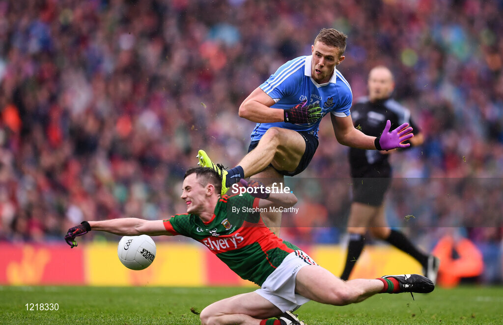 18 September 2016; Paul Mannion of Dublin in action against Diarmuid O'Connor of Mayo of Mayo during the GAA Football All-Ireland Senior Championship Final match between Dublin and Mayo at Croke Park in Dublin. Photo by Stephen McCarthy/Sportsfile