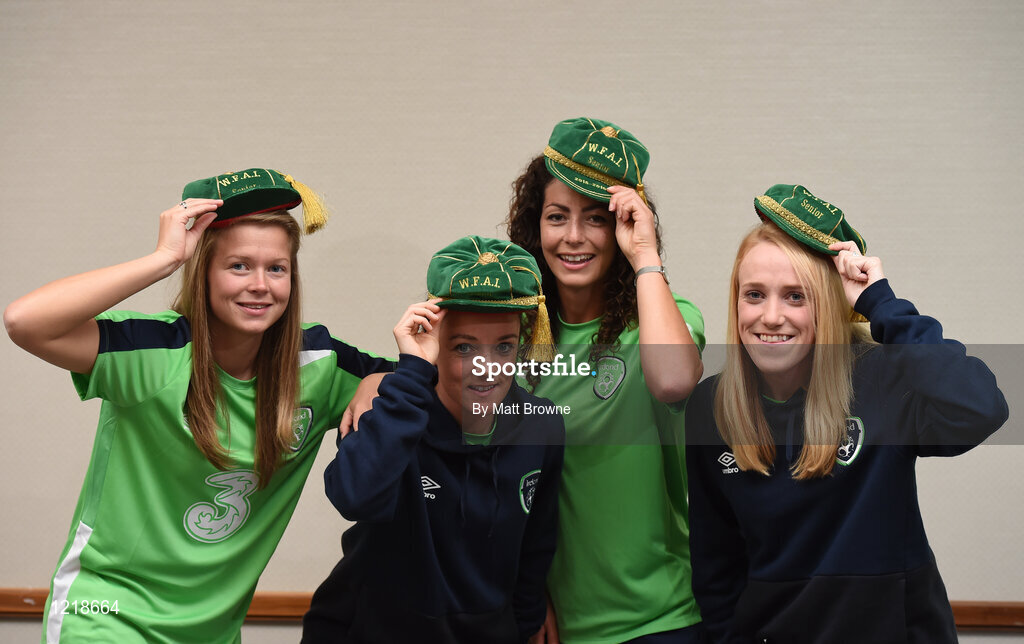 18 September 2016; Republic of Ireland players from left Ruesha Littlejohn, Sophie Perry, Fiona O'Sullivan and Meabh De Burca, during a Women's National Team Caps presentation at the Castleknock Hotel in Castleknock, Dublin. Photo by Matt Browne/Sportsfile