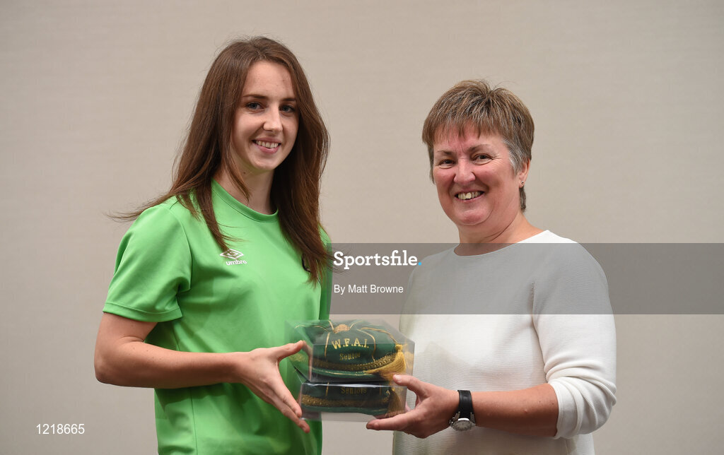 18 September 2016; Karen Duggan of Republic of Ireland is presented with her Cap by Niamh O'Donoghue, Chairperson of the FAI Women's Football Committee, during a Women's National Team Caps presentation at the Castleknock Hotel in Castleknock, Dublin. Photo by Matt Browne/Sportsfile