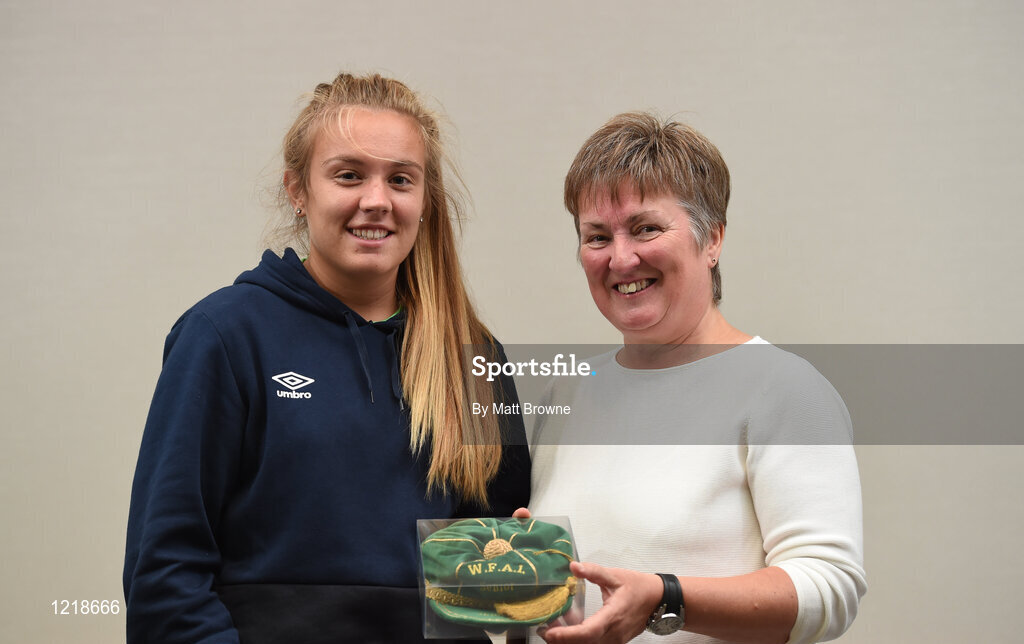 18 September 2016; Grace Moloney of Republic of Ireland is presented with her Cap by Niamh O'Donoghue, Chairperson of the FAI Women's Football Committee during a Women's National Team Caps presentation at the Castleknock Hotel in Castleknock, Dublin. Photo by Matt Browne/Sportsfile