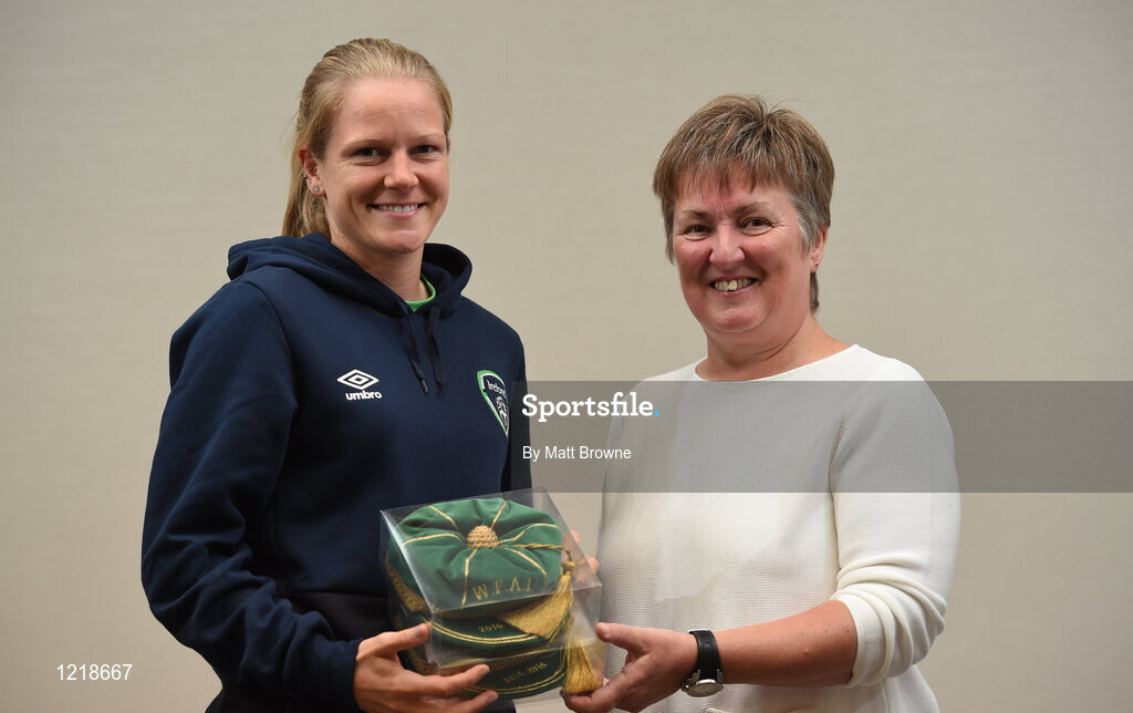 18 September 2016; Diane Caldwell of Republic of Ireland is presented with her Cap by Niamh O'Donoghue, Chairperson of the FAI Women's Football Committee, during a Women's National Team Caps presentation at the Castleknock Hotel in Castleknock, Dublin. Photo by Matt Browne/Sportsfile