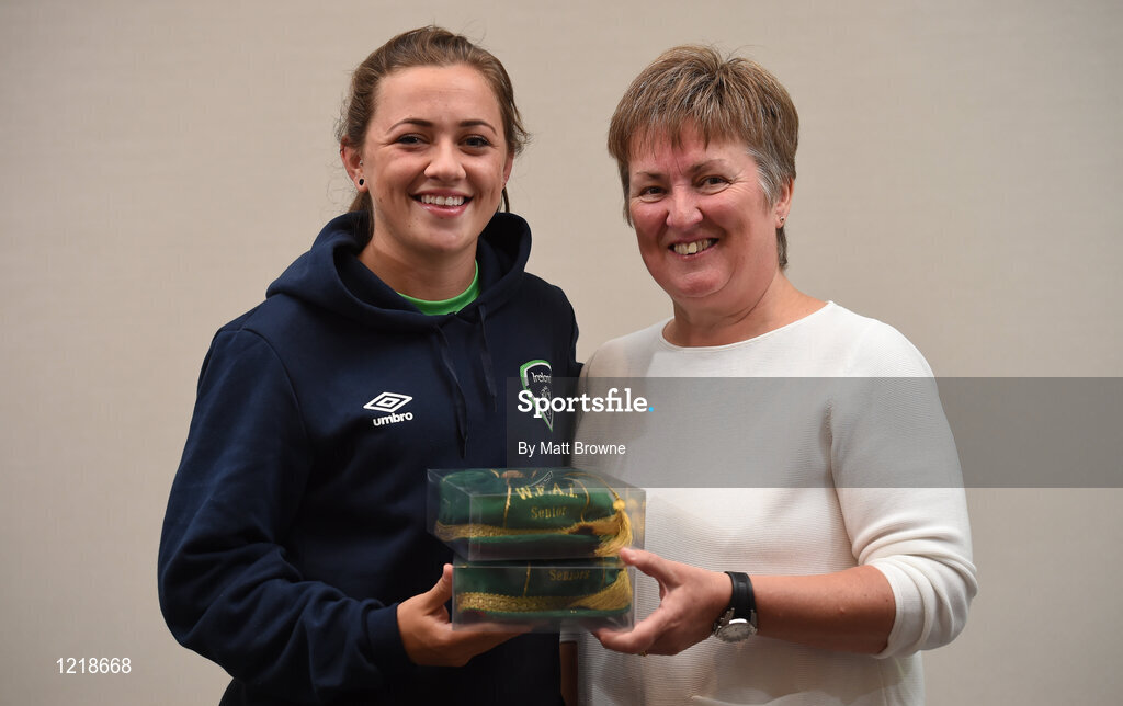 18 September 2016; Katie McCabe of Republic of Ireland is presented with her Cap by Niamh O'Donoghue, Chairperson of the FAI Women's Football Committee, during a Women's National Team Caps presentation at the Castleknock Hotel in Castleknock, Dublin. Photo by Matt Browne/Sportsfile