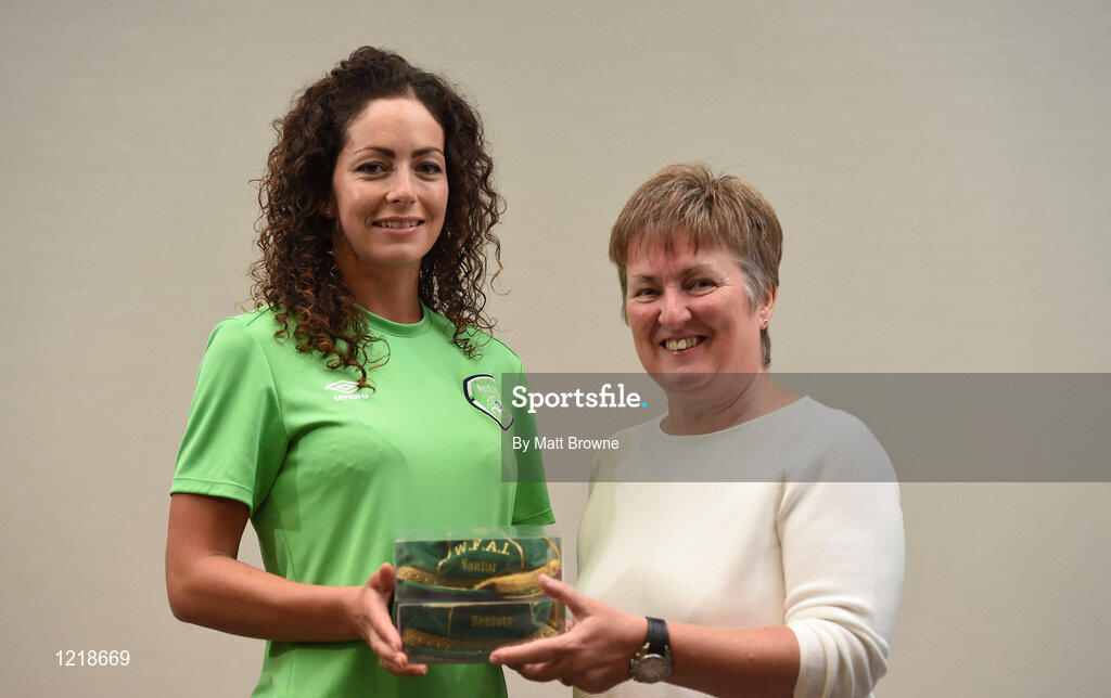 18 September 2016; Fiona O'Sullivan of Republic of Ireland is presented with her Cap by Niamh O'Donoghue, Chairperson of the FAI Women's Football Committee, during a Women's National Team Caps presentation at the Castleknock Hotel in Castleknock, Dublin. Photo by Matt Browne/Sportsfile