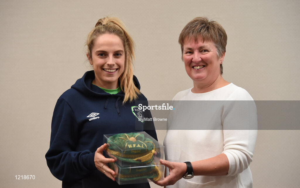 18 September 2016; Julie-Ann Russell of Republic of Ireland is presented with her Cap by Niamh O'Donoghue, Chairperson of the FAI Women's Football Committee, during a Women's National Team Caps presentation at the Castleknock Hotel in Castleknock, Dublin. Photo by Matt Browne/Sportsfile