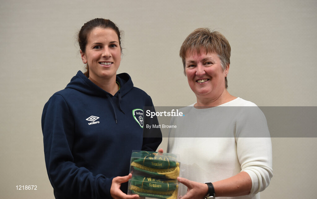 18 September 2016; Niamh Fahy of Republic of Ireland is presented with her Cap by Niamh O'Donoghue, Chairperson of the FAI Women's Football Committee, during a Women's National Team Caps presentation at the Castleknock Hotel in Castleknock, Dublin. Photo by Matt Browne/Sportsfile