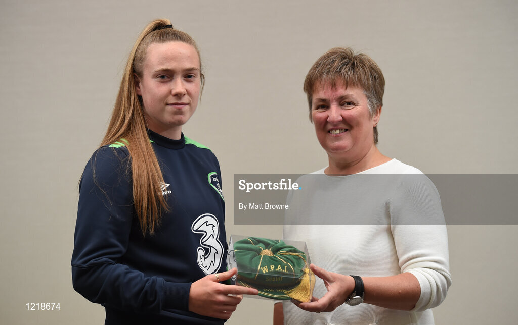18 September 2016; Claire O'Riordan of Republic of Ireland is presented with her Cap by Niamh O'Donoghue, Chairperson of the FAI Women's Football Committee, during a Women's National Team Caps presentation at the Castleknock Hotel in Castleknock, Dublin. Photo by Matt Browne/Sportsfile