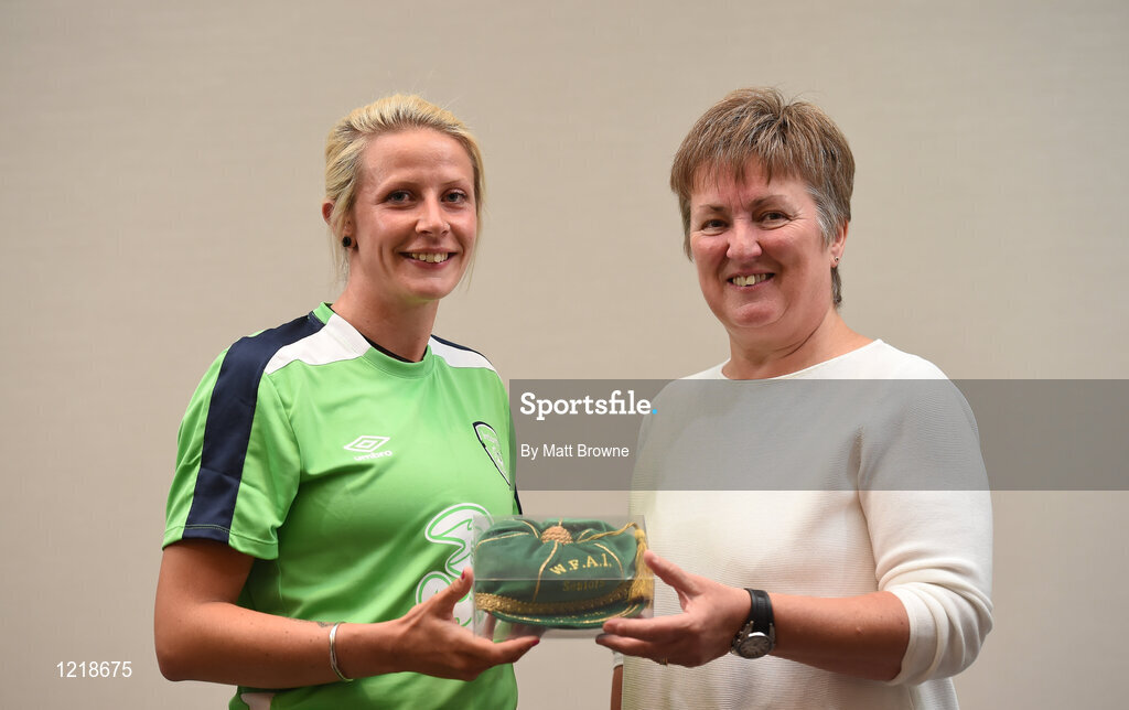 18 September 2016; Emma Beckett of Republic of Ireland is presented with her Cap by Niamh O'Donoghue, Chairperson of the FAI Women's Football Committee, during a Women's National Team Caps presentation at the Castleknock Hotel in Castleknock, Dublin. Photo by Matt Browne/Sportsfile