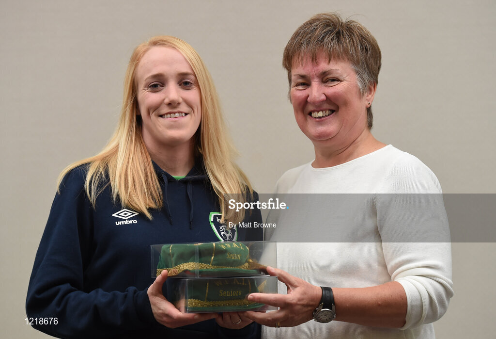 18 September 2016; Meabh De Burca of Republic of Ireland is presented with her Cap by Niamh O'Donoghue, Chairperson of the FAI Women's Football Committee, during a Women's National Team Caps presentation at the Castleknock Hotel in Castleknock, Dublin. Photo by Matt Browne/Sportsfile