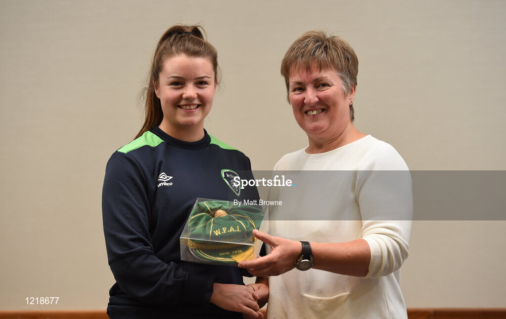 18 September 2016; Clare Shine of Republic of Ireland is presented with her Cap by Niamh O'Donoghue, Chairperson of the FAI Women's Football Committee, during a Women's National Team Caps presentation at the Castleknock Hotel in Castleknock, Dublin. Photo by Matt Browne/Sportsfile