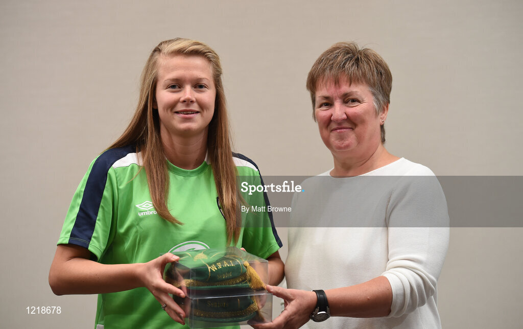 18 September 2016; Ruesha Littlejohn of Republic of Ireland is presented with her Cap by Niamh O'Donoghue, Chairperson of the FAI Women's Football Committee,  during a Women's National Team Caps presentation at the Castleknock Hotel in Castleknock, Dublin. Photo by Matt Browne/Sportsfile