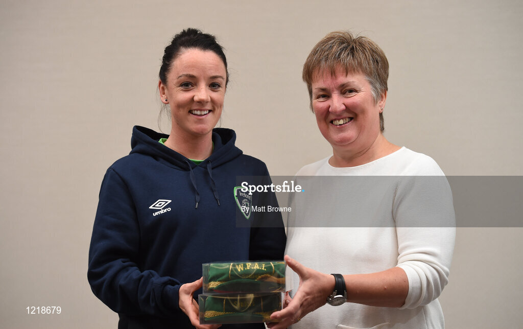 18 September 2016; Sophie Perry of Republic of Ireland is presented with her Cap by Niamh O'Donoghue, Chairperson of the FAI Women's Football Committee, during a Women's National Team Caps presentation at the Castleknock Hotel in Castleknock, Dublin. Photo by Matt Browne/Sportsfile