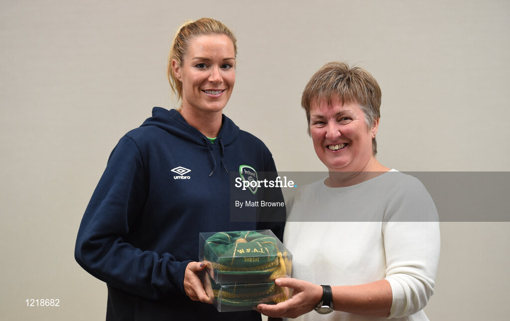 18 September 2016; Emma Byrne of Republic of Ireland is presented with her Cap by Niamh O'Donoghue, Chairperson of the FAI Women's Football Committee during a Women's National Team Caps presentation at the Castleknock Hotel in Castleknock, Dublin. Photo by Matt Browne/Sportsfile