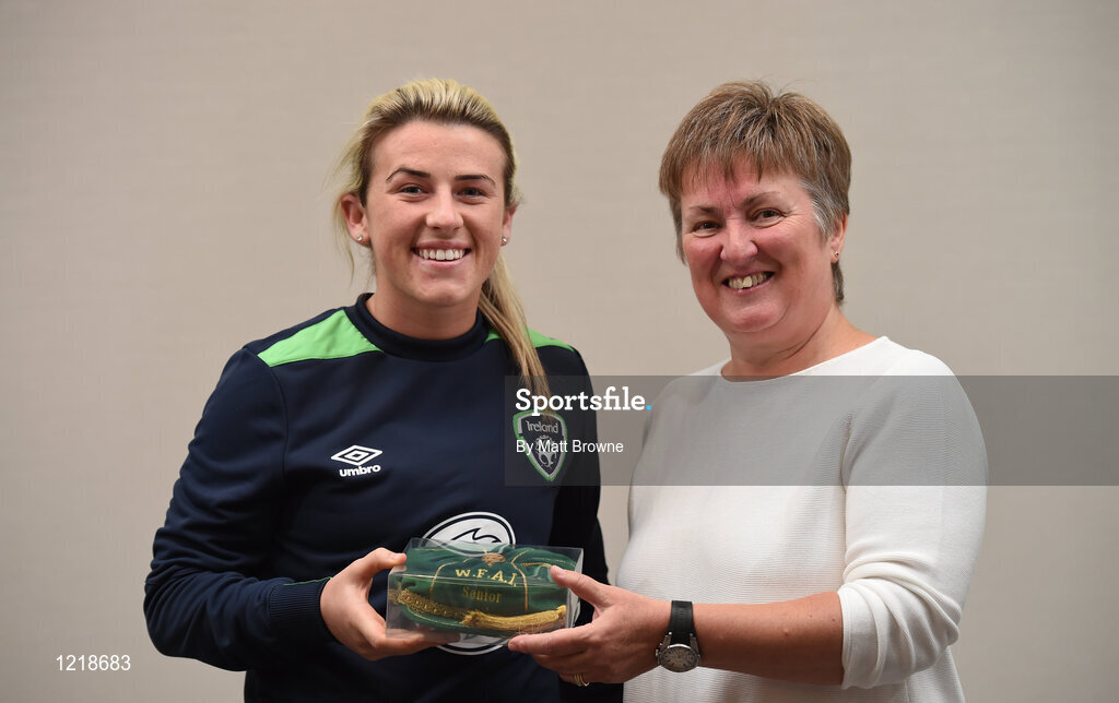 18 September 2016; Savannah McCarthy of Republic of Ireland is presented with her Cap by Niamh O'Donoghue, Chairperson of the FAI Women's Football Committee, during a Women's National Team Caps presentation at the Castleknock Hotel in Castleknock, Dublin. Photo by Matt Browne/Sportsfile