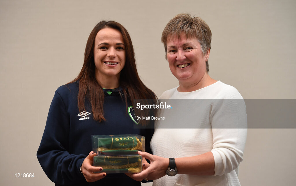 18 September 2016; Aine O'Gorman of Republic of Ireland is presented with her Cap by Niamh O'Donoghue, Chairperson of the FAI Women's Football Committee,  during a Women's National Team Caps presentation at the Castleknock Hotel in Castleknock, Dublin. Photo by Matt Browne/Sportsfile