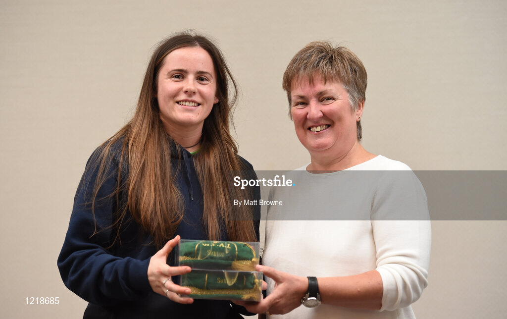 18 September 2016; Niamh Reid-Burke of Republic of Ireland is presented with her Cap by Niamh O'Donoghue, Chairperson of the FAI Women's Football Committee, during a Women's National Team Caps presentation at the Castleknock Hotel in Castleknock, Dublin. Photo by Matt Browne/Sportsfile