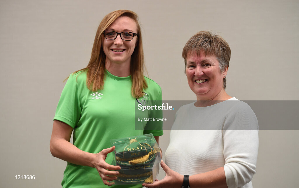18 September 2016; Louise Quinn of Republic of Ireland is presented with her Cap by Niamh O'Donoghue, Chairperson of the FAI Women's Football Committee, during a Women's National Team Caps presentation at the Castleknock Hotel in Castleknock, Dublin. Photo by Matt Browne/Sportsfile