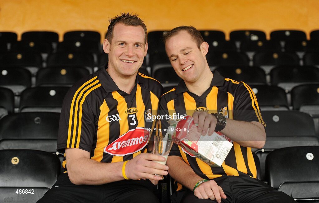 4 February 2011; Glanbia, under its Avonmore Milk brand, today launched its 2011 sponsorship of the Kilkenny county hurling teams. The company who have been Kilkenny's sponsors for over a decade will once again sponsor Senior, Minor, U21 and Intermediate county teams. As in previous years the sponsorship is performance based and also includes a players holiday bonus. At the launch are Kilkenny Senior Hurlers Jackie Tyrrell, left, and Tommy Walsh. Glanbia Launch its 'Avonmore Milk' Sponsorship of Kilkenny Hurlers for 2011, Nowlan Park, Co. Kilkenny. Picture credit: Stephen McCarthy / SPORTSFILE