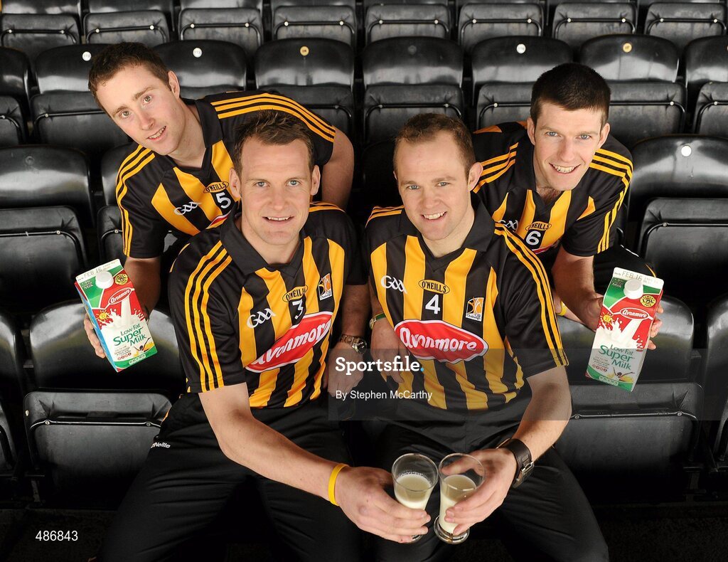 4 February 2011; Glanbia, under its Avonmore Milk brand, today launched its 2011 sponsorship of the Kilkenny county hurling teams. The company who have been Kilkenny's sponsors for over a decade will once again sponsor Senior, Minor, U21 and Intermediate county teams. As in previous years the sponsorship is performance based and also includes a players holiday bonus. At the launch are Kilkenny Senior Hurlers, from left, Michael Rice, Jackie Tyrrell, Tommy Walsh and John Dalton. Glanbia Launch its 'Avonmore Milk' Sponsorship of Kilkenny Hurlers for 2011, Nowlan Park, Co. Kilkenny. Picture credit: Stephen McCarthy / SPORTSFILE