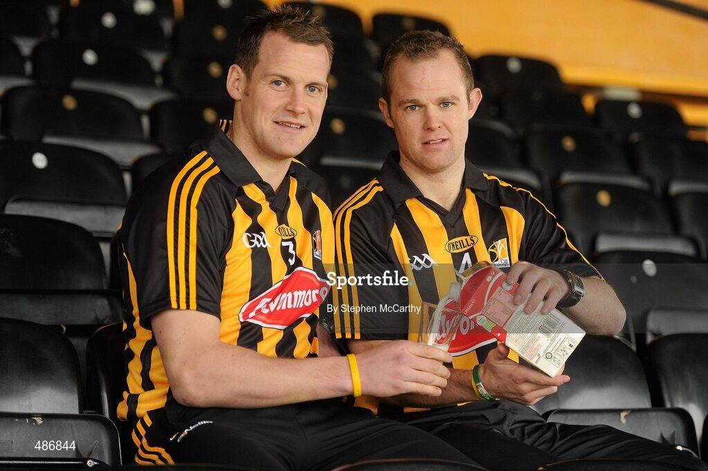 4 February 2011; Glanbia, under its Avonmore Milk brand, today launched its 2011 sponsorship of the Kilkenny county hurling teams. The company who have been Kilkenny's sponsors for over a decade will once again sponsor Senior, Minor, U21 and Intermediate county teams. As in previous years the sponsorship is performance based and also includes a players holiday bonus. At the launch are Kilkenny Senior Hurlers Jackie Tyrrell, left, and Tommy Walsh. Glanbia Launch its 'Avonmore Milk' Sponsorship of Kilkenny Hurlers for 2011, Nowlan Park, Co. Kilkenny. Picture credit: Stephen McCarthy / SPORTSFILE