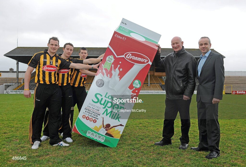 4 February 2011; Glanbia, under its Avonmore Milk brand, today launched its 2011 sponsorship of the Kilkenny county hurling teams. The company who have been Kilkenny's sponsors for over a decade will once again sponsor Senior, Minor, U21 and Intermediate county teams. As in previous years the sponsorship is performance based and also includes a players holiday bonus. At the launch are Kilkenny Senior Hurlers, from left, Jackie Tyrrell, John Dalton and Michael Rice with manager Brian Cody and Glanbia HR Director Brian Phelan. Glanbia Launch its 'Avonmore Milk' Sponsorship of Kilkenny Hurlers for 2011, Nowlan Park, Co. Kilkenny. Picture credit: Stephen McCarthy / SPORTSFILE