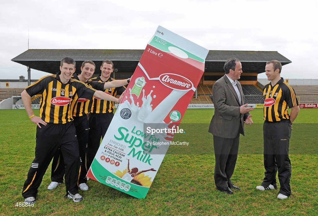 4 February 2011; Glanbia, under its Avonmore Milk brand, today launched its 2011 sponsorship of the Kilkenny county hurling teams. The company who have been Kilkenny's sponsors for over a decade will once again sponsor Senior, Minor, U21 and Intermediate county teams. As in previous years the sponsorship is performance based and also includes a players holiday bonus. At the launch are Kilkenny Senior Hurlers, from left, Michael Rice, John Dalton, Jackie Tyrrell and Tommy Walsh with Joe Collum, Glanbia Consumer Products Marketing Director. Glanbia Launch its 'Avonmore Milk' Sponsorship of Kilkenny Hurlers for 2011, Nowlan Park, Co. Kilkenny. Picture credit: Stephen McCarthy / SPORTSFILE
