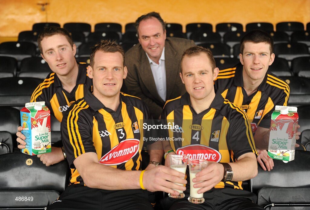 4 February 2011; Glanbia, under its Avonmore Milk brand, today launched its 2011 sponsorship of the Kilkenny county hurling teams. The company who have been Kilkenny's sponsors for over a decade will once again sponsor Senior, Minor, U21 and Intermediate county teams. As in previous years the sponsorship is performance based and also includes a players holiday bonus. At the launch are Kilkenny Senior Hurlers, from left, John Dalton, Jackie Tyrrell, Tommy Walsh and Michael Rice with Joe Collum, Glanbia Consumer Products Marketing Director. Glanbia Launch its 'Avonmore Milk' Sponsorship of Kilkenny Hurlers for 2011, Nowlan Park, Co. Kilkenny. Picture credit: Stephen McCarthy / SPORTSFILE