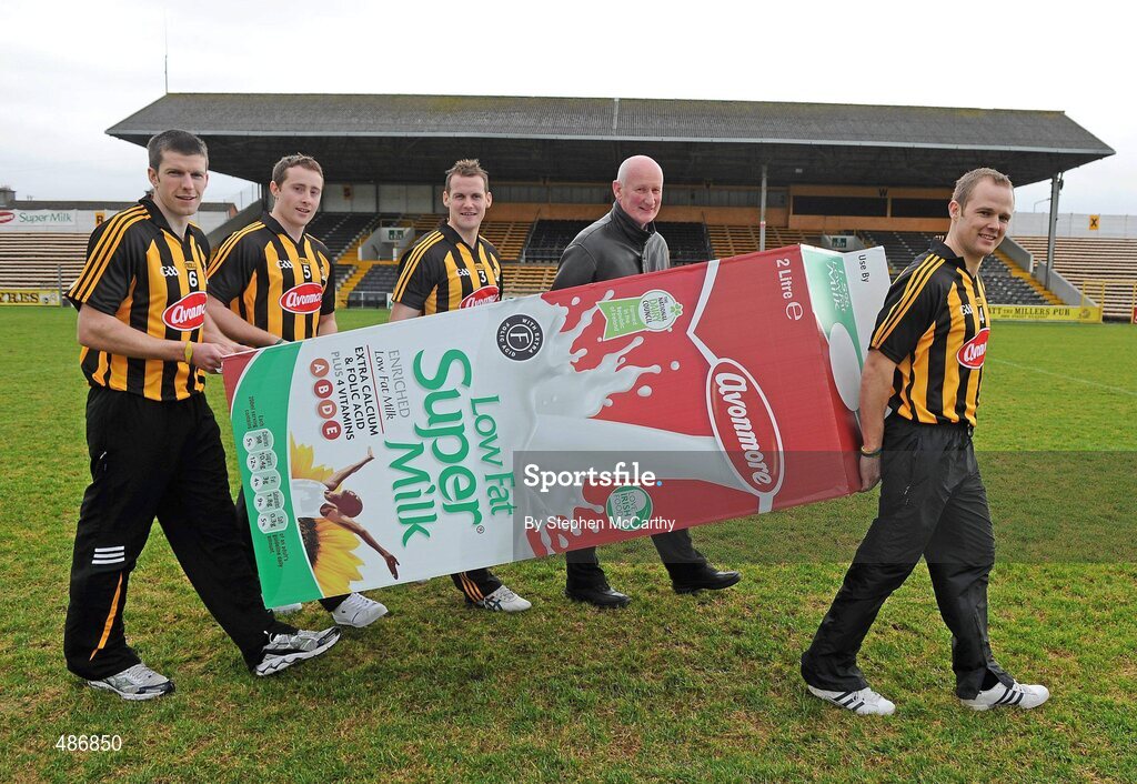 4 February 2011; Glanbia, under its Avonmore Milk brand, today launched its 2011 sponsorship of the Kilkenny county hurling teams. The company who have been Kilkenny's sponsors for over a decade will once again sponsor Senior, Minor, U21 and Intermediate county teams. As in previous years the sponsorship is performance based and also includes a players holiday bonus. At the launch are Kilkenny Senior Hurlers, from left, Michael Rice, John Dalton Jackie Tyrrell and Tommy Walsh with manager Brian Cody. Glanbia Launch its 'Avonmore Milk' Sponsorship of Kilkenny Hurlers for 2011, Nowlan Park, Co. Kilkenny. Picture credit: Stephen McCarthy / SPORTSFILE