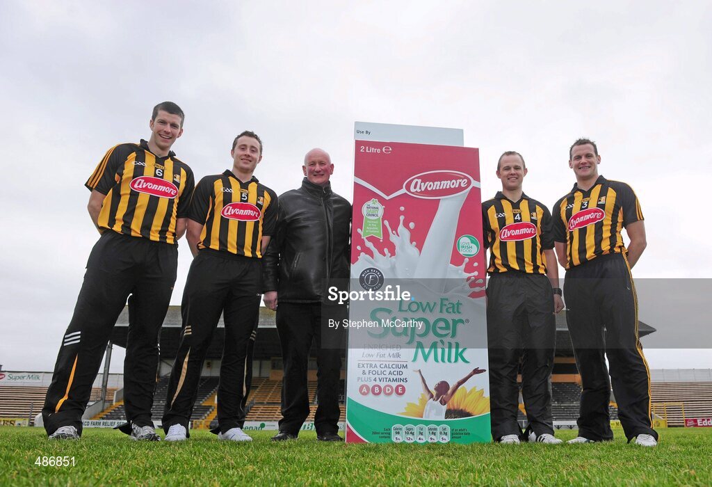 4 February 2011; Glanbia, under its Avonmore Milk brand, today launched its 2011 sponsorship of the Kilkenny county hurling teams. The company who have been Kilkenny's sponsors for over a decade will once again sponsor Senior, Minor, U21 and Intermediate county teams. As in previous years the sponsorship is performance based and also includes a players holiday bonus. At the launch are Kilkenny  senior hurlers, from left, Michael Rice, John Dalton, Tommy Walsh and Jackie Tyrrell with manager Brian Cody. Glanbia Launch its 'Avonmore Milk' Sponsorship of Kilkenny Hurlers for 2011, Nowlan Park, Co. Kilkenny. Picture credit: Stephen McCarthy / SPORTSFILE