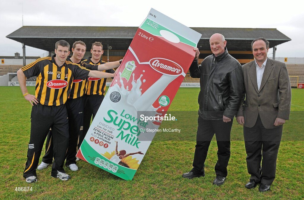 4 February 2011; Glanbia, under its Avonmore Milk brand, today launched its 2011 sponsorship of the Kilkenny county hurling teams. The company who have been Kilkenny's sponsors for over a decade will once again sponsor Senior, Minor, U21 and Intermediate county teams. As in previous years the sponsorship is performance based and also includes a players holiday bonus. At the launch is Joe Collum, Glanbia Consumer Products Marketing Director, with Kilkenny Senior Hurlers, from left, Michael Rice, John Dalton, Jackie Tyrrell and manager Brian Cody. Glanbia Launch its 'Avonmore Milk' Sponsorship of Kilkenny Hurlers for 2011, Nowlan Park, Co. Kilkenny. Picture credit: Stephen McCarthy / SPORTSFILE
