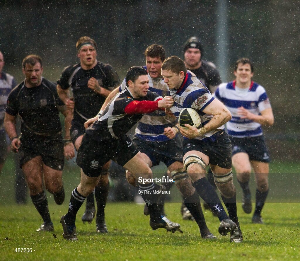 5 February 2011; Mick Noone, Blackrock College, is tackled by David Mongan, Old Belvedere. Ulster Bank All-Ireland League Division 1A, Old Belvedere v Blackrock College RFC, Anglesea Road, Ballsbridge, Dublin. Picture credit: Ray McManus / SPORTSFILE