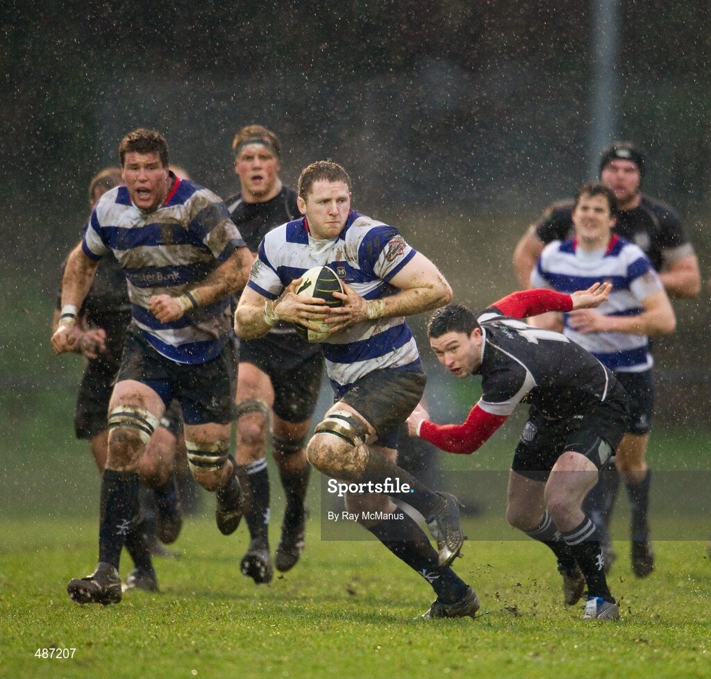 5 February 2011; Mick Noone, Blackrock College, slips past David Mongan, Old Belvedere. Ulster Bank All-Ireland League Division 1A, Old Belvedere v Blackrock College RFC, Anglesea Road, Ballsbridge, Dublin. Picture credit: Ray McManus / SPORTSFILE