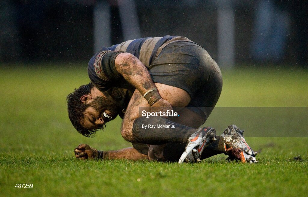 5 February 2011; The Blackrock College hooker Cian Culleton holds his hamstring. Ulster Bank All-Ireland League Division 1A, Old Belvedere v Blackrock College RFC, Anglesea Road, Ballsbridge, Dublin. Picture credit: Ray McManus / SPORTSFILE
