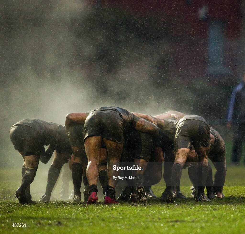 5 February 2011; The Blackrock College and Old Belvedere forwards await the arrival of the ball in the scrum. Ulster Bank All-Ireland League Division 1A, Old Belvedere v Blackrock College RFC, Anglesea Road, Ballsbridge, Dublin. Picture credit: Ray McManus / SPORTSFILE