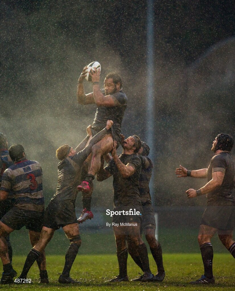 5 February 2011; Leo Auva'a wins possession, in a lineout, for Old Belvedere. Ulster Bank All-Ireland League Division 1A, Old Belvedere v Blackrock College RFC, Anglesea Road, Ballsbridge, Dublin. Picture credit: Ray McManus / SPORTSFILE