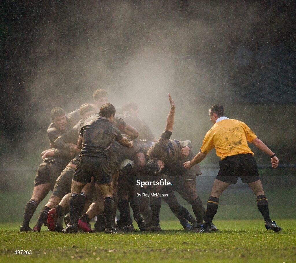 5 February 2011; Referee John Lacey and the Old Belvedere scrum-half and captain Andy Dunne keep a close eye on the ball. Ulster Bank All-Ireland League Division 1A, Old Belvedere v Blackrock College RFC, Anglesea Road, Ballsbridge, Dublin. Picture credit: Ray McManus / SPORTSFILE