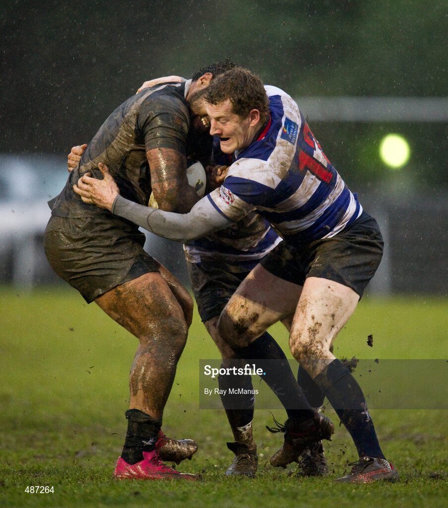 5 February 2011; Leo Auva'a, Old Belvedere, is tackled by Blackrock College Jan Byrne and full-back Scott Lennon. Ulster Bank All-Ireland League Division 1A, Old Belvedere v Blackrock College RFC, Anglesea Road, Ballsbridge, Dublin. Picture credit: Ray McManus / SPORTSFILE