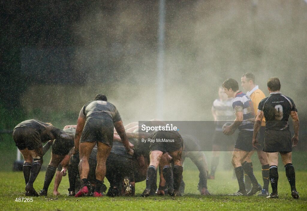 5 February 2011; The Blackrock College scrum-half Sean Treacy, under the watchful eyes of referee John Lacey and the Old Belvedere scrum-half Andy Dunne, prepares to put the ball into the scrum. Ulster Bank All-Ireland League Division 1A, Old Belvedere v Blackrock College RFC, Anglesea Road, Ballsbridge, Dublin. Picture credit: Ray McManus / SPORTSFILE