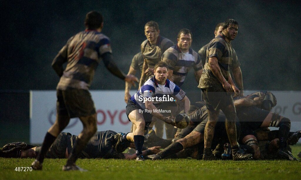 5 February 2011; Substitute scrum-half Conor Crowley passes the ball to his Blackrock College team-mate Leon Ellison. Ulster Bank All-Ireland League Division 1A, Old Belvedere v Blackrock College RFC, Anglesea Road, Ballsbridge, Dublin. Picture credit: Ray McManus / SPORTSFILE