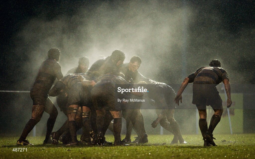 5 February 2011; Players from both Blackrock Collegeand Old Belvedere await the outcome of a maul. Ulster Bank All-Ireland League Division 1A, Old Belvedere v Blackrock College RFC, Anglesea Road, Ballsbridge, Dublin. Picture credit: Ray McManus / SPORTSFILE