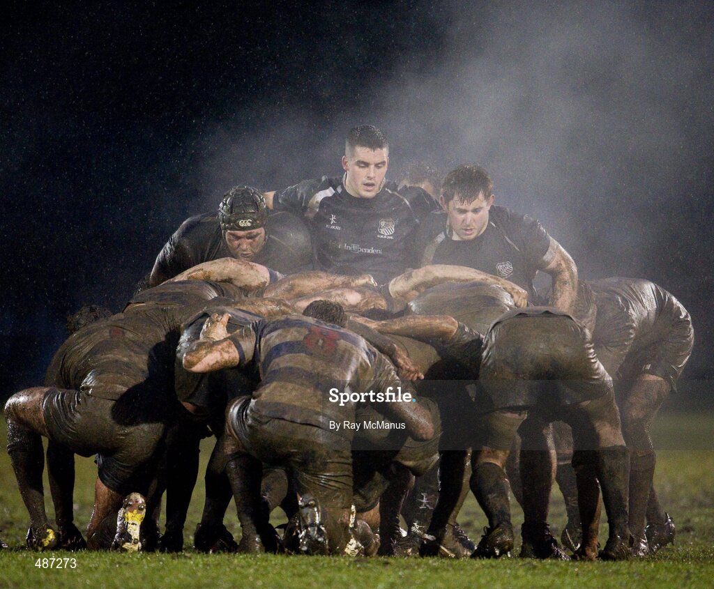 5 February 2011; The Blackrock College and Old Belvedere forwards prepare for a scrum. Ulster Bank All-Ireland League Division 1A, Old Belvedere v Blackrock College RFC, Anglesea Road, Ballsbridge, Dublin. Picture credit: Ray McManus / SPORTSFILE
